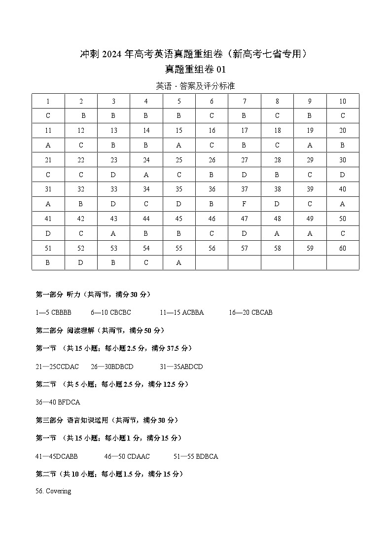 冲刺2024年高考英语-真题重组卷01（新高考七省专用）（原卷版+解析版）01