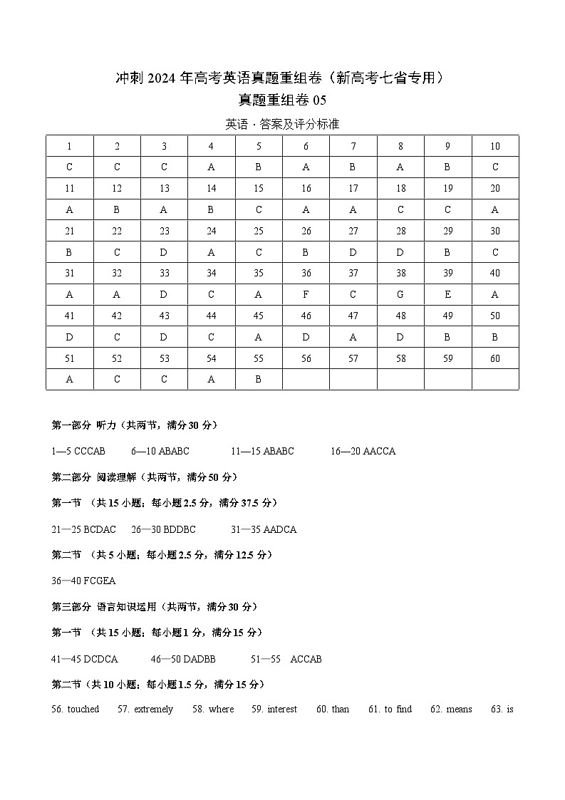 冲刺2024年高考英语-真题重组卷05（新高考七省专用）（原卷版+解析版）01