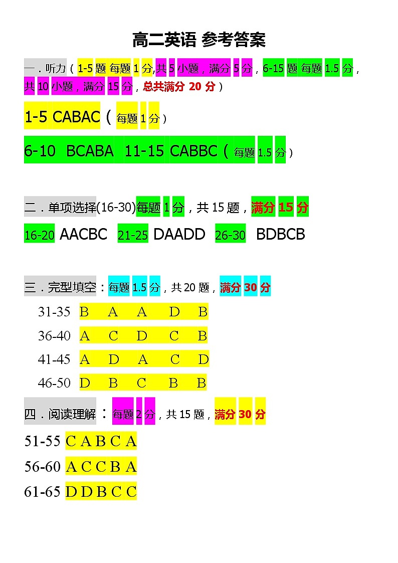 天津市南仓中学2023-2024学年高二下学期第二次月考英语答案第1页