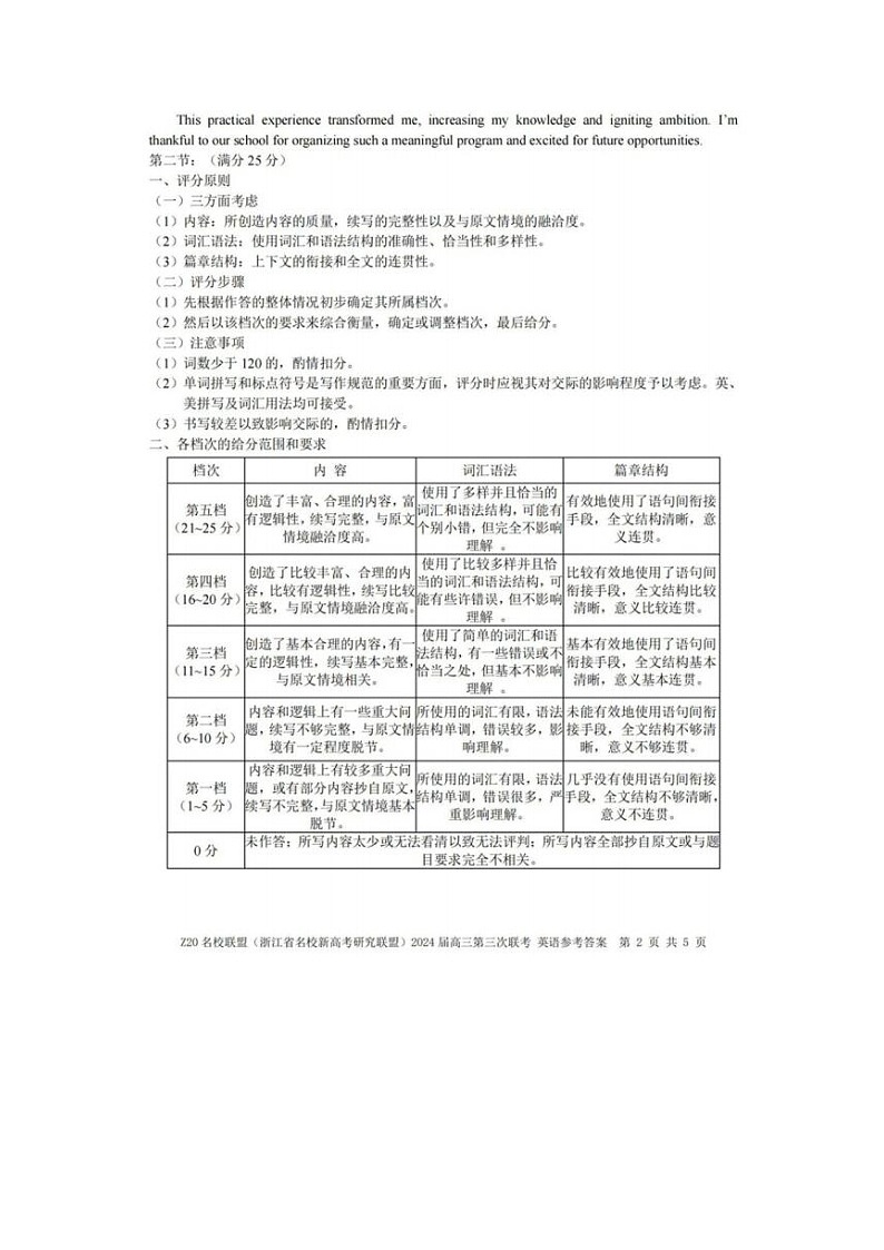 2024届浙江省Z20名校联盟高三5月联考英语试题答案第2页