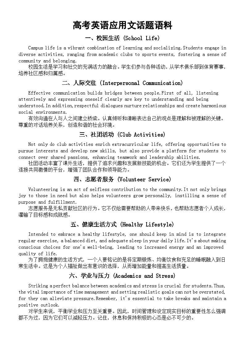 高中英语2024届高考应用文话题语料（共十三类）第1页