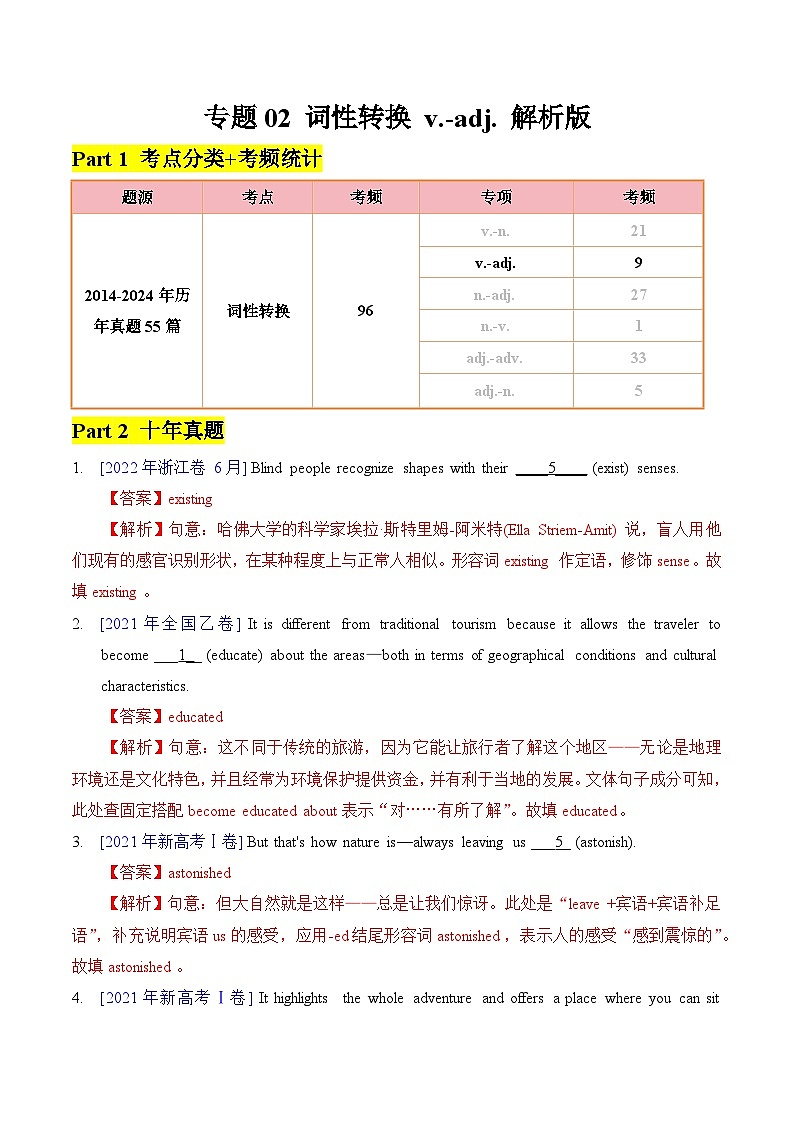2025年高考英语一轮复习语法专题训练 - 专题02 词性转换 v-adj01