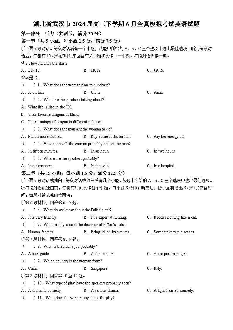 湖北省武汉市2024届高三下学期6月全真模拟考试英语试题（Word版附答案）01
