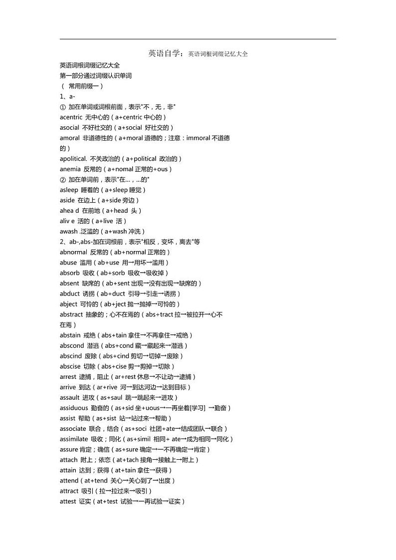 高中英语知识点英语自学：英语词根词缀记忆大全第1页