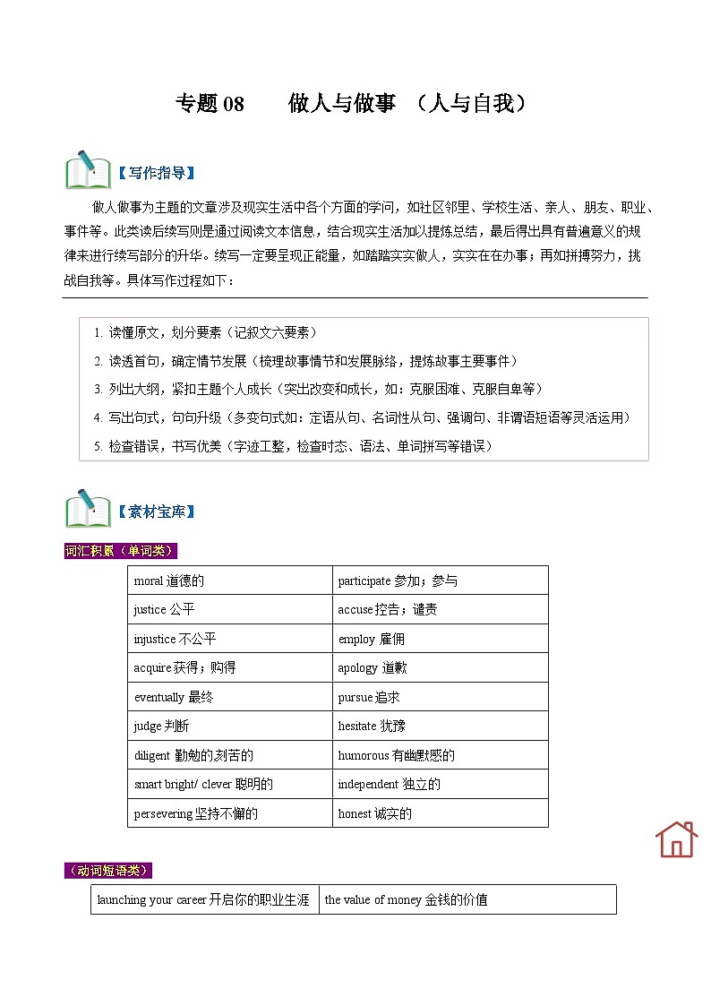 专题08 做人与做事（人与自我 ）（教师版+学生版）-2024新高考英语满分作文读后续写01