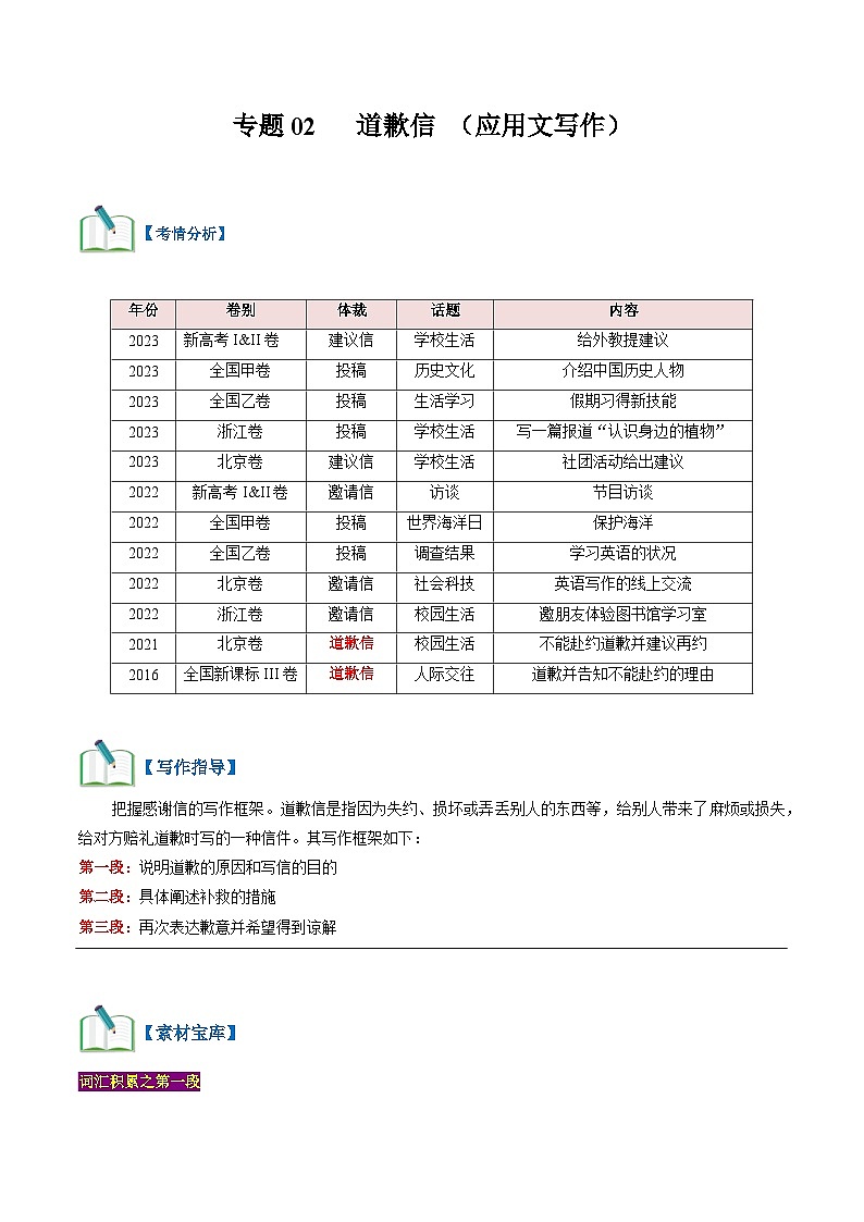  专题02 应用文写作：道歉信 （学生版）-2024新高考英语满分作文读后续写第1页