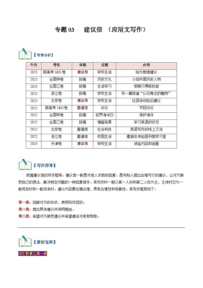 专题03 应用文写作：建议信 （教师版）-2024新高考英语满分作文读后续写第1页