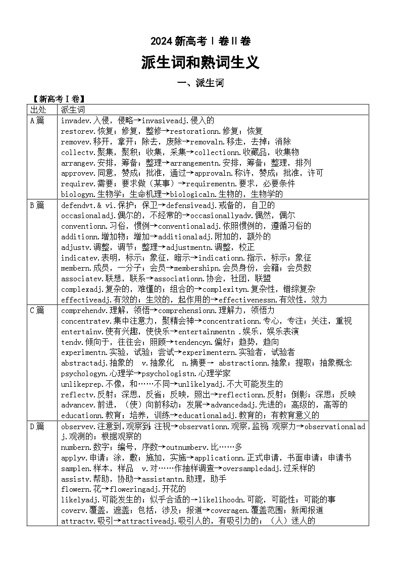 高中英语2024新高考Ⅰ卷Ⅱ卷阅读派生词和熟词生义整理01