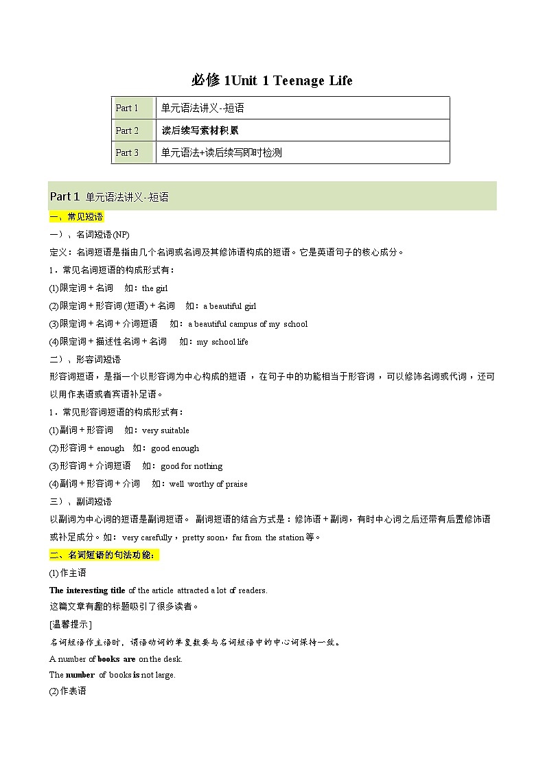 必修一  Unit 1 Teenage Life  语法知识+读后续写-筑基讲义（解析版） 第1页