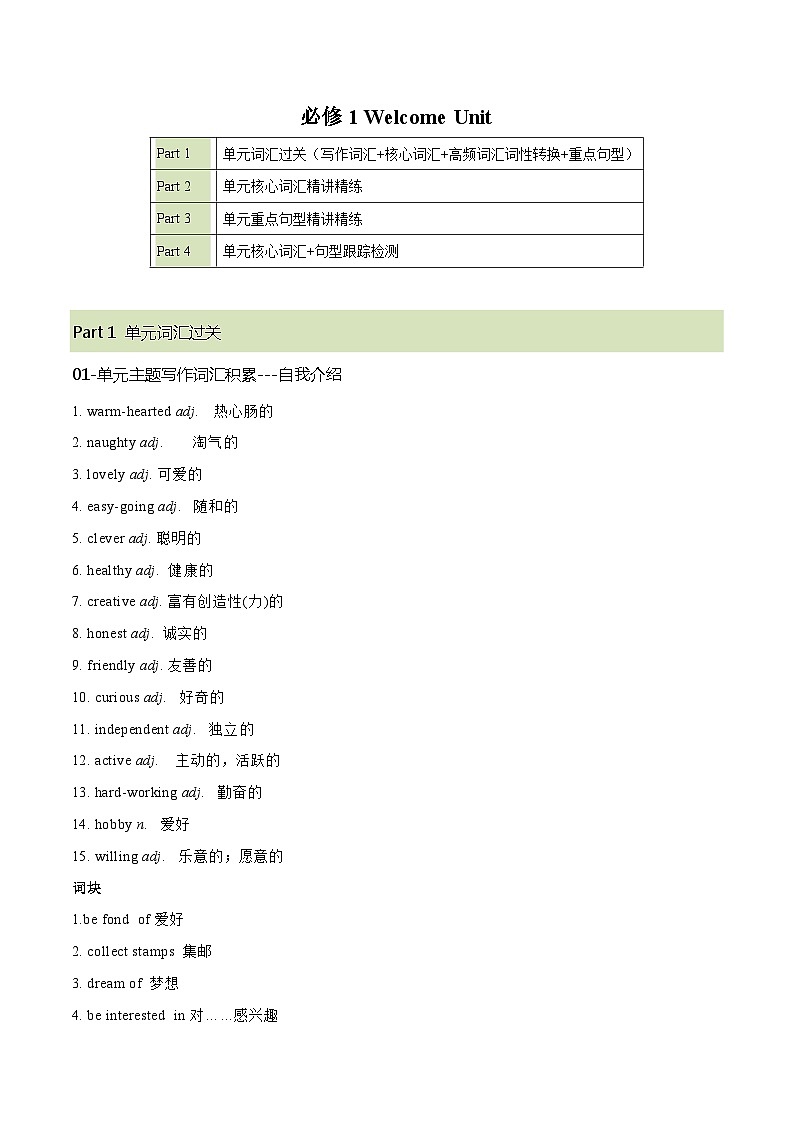 必修一  Welcome Unit 核心单词+重点句型筑基讲义（原卷版）第1页