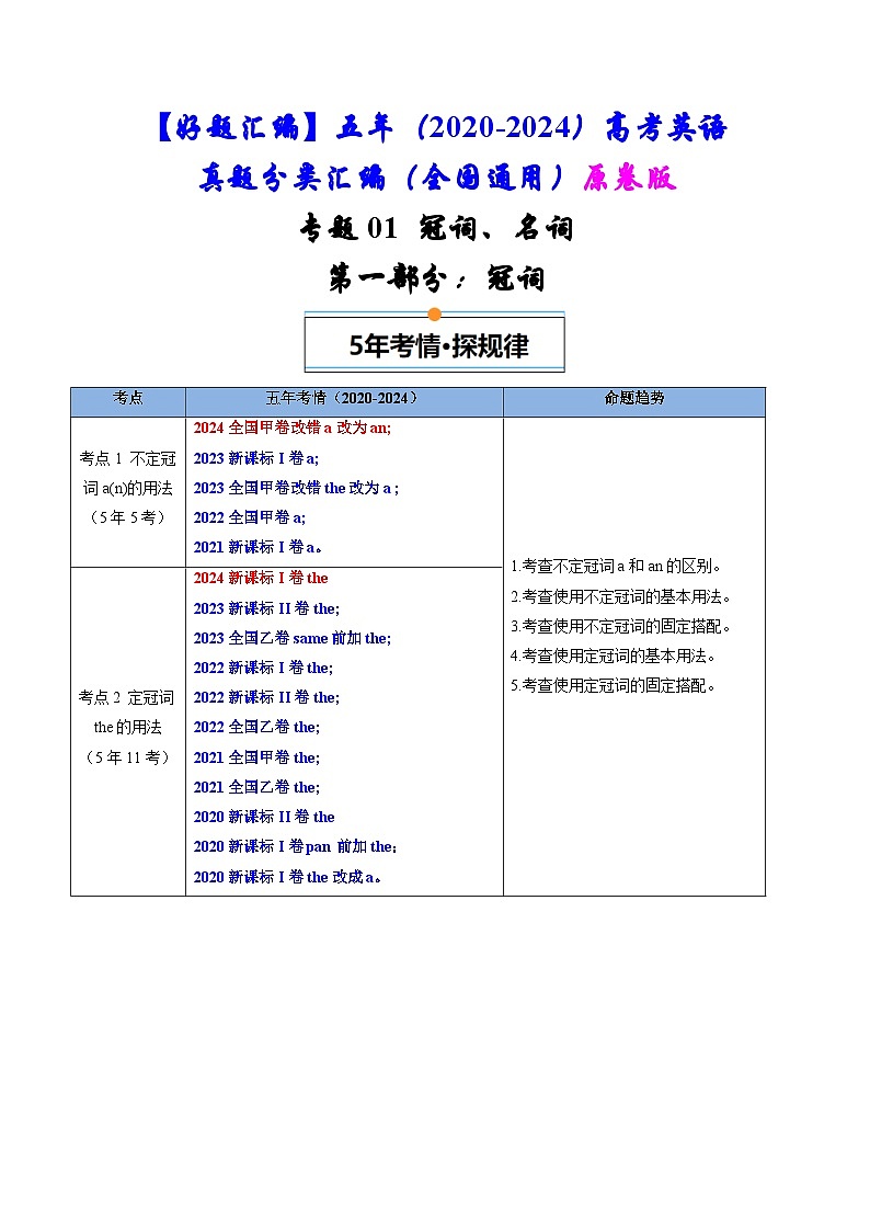 专题01  冠词、名词-五年（2020-2024）高考英语真题分类汇编（全国通用）（原卷版）第1页