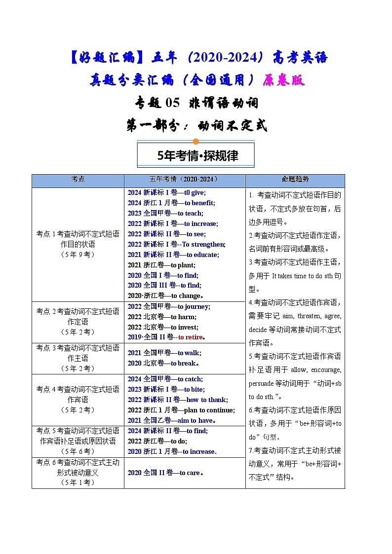 专题05  非谓语动词-五年（2020-2024）高考英语真题分类汇编（全国通用）（原卷版+解析版）01