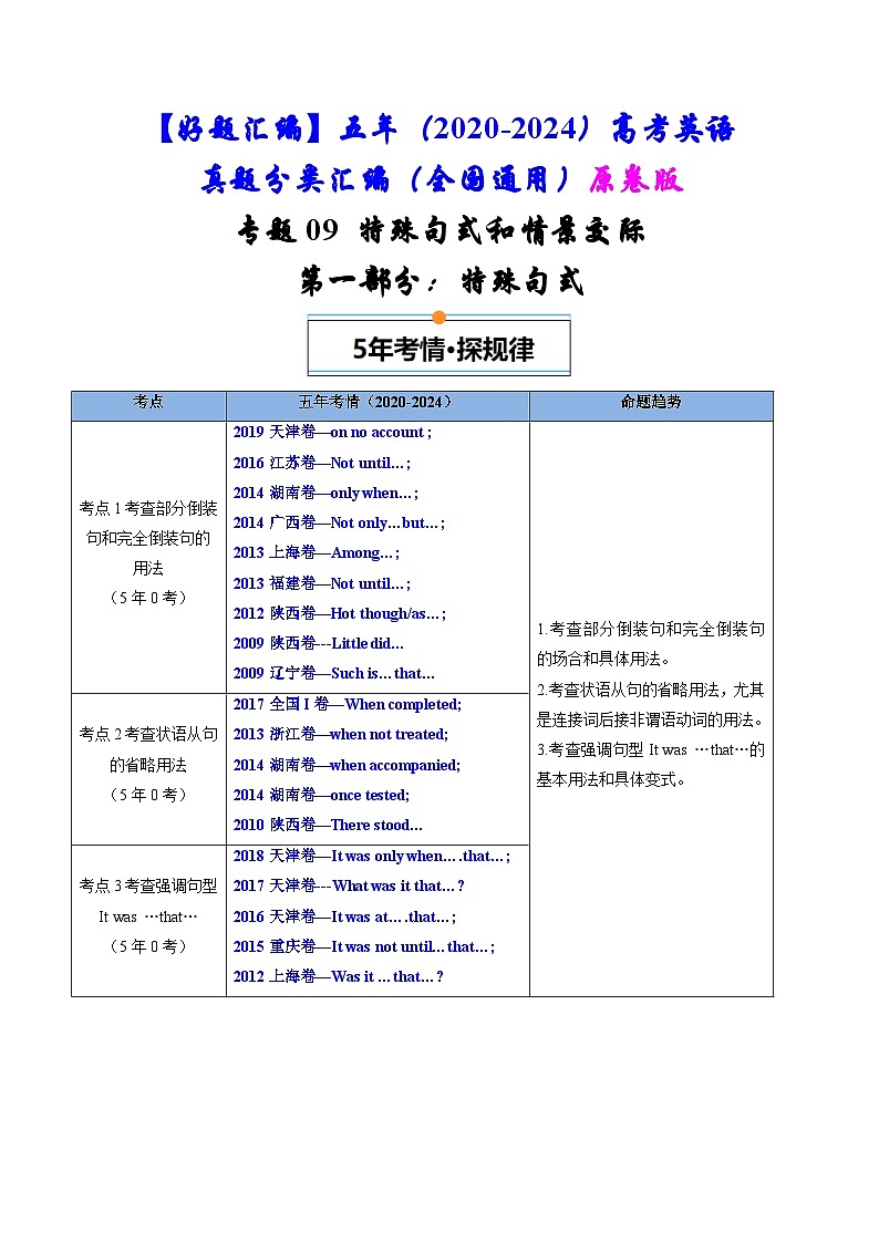 专题09  特殊句式和情景交际-五年（2020-2024）高考英语真题分类汇编（全国通用）（原卷版）第1页