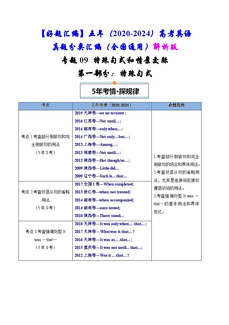 专题09  特殊句式和情景交际-五年（2020-2024）高考英语真题分类汇编（全国通用）（解析版）第1页
