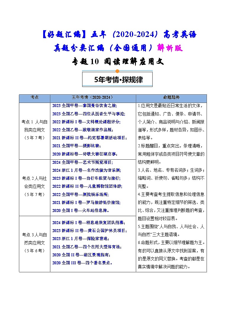 专题10  阅读理解应用文-五年（2020-2024）高考英语真题分类汇编（全国通用）（解析版）第1页