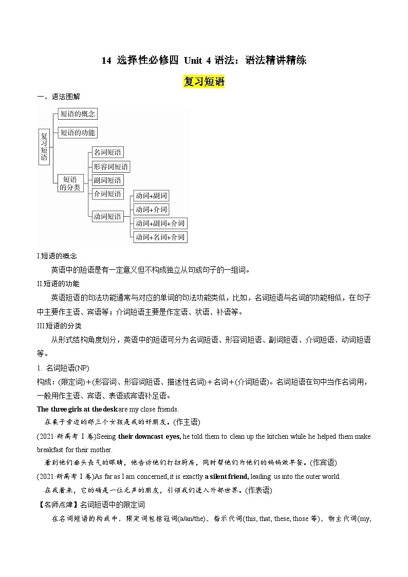 14 选择性必修四 Unit 4语法：语法精讲精练--复习短语（解析版）2023-2024学年高二英语下学期期末复习高效突破（人教版2019）第1页