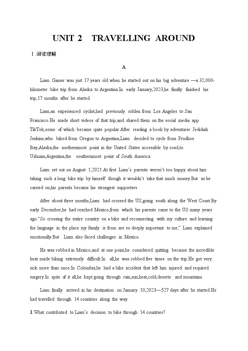 人教版高考英语一轮复习必修第1册UNIT2 TRAVELLING AROUND练习含答案第1页