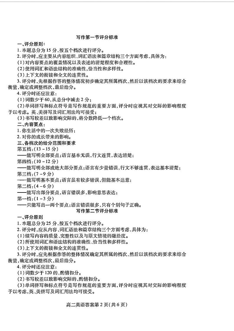 英语试题参考答案及评分标准第2页