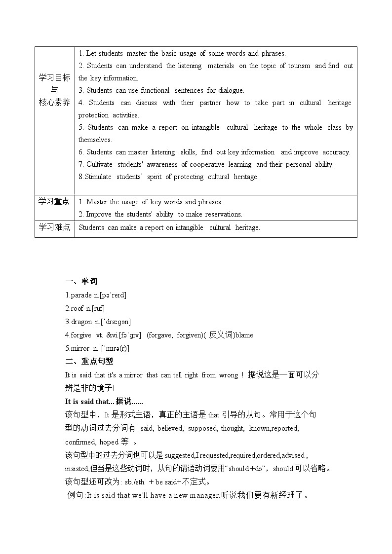 Unit 1 Cultural Heritage period 5 Listening and Talking&AYP&Project学案02
