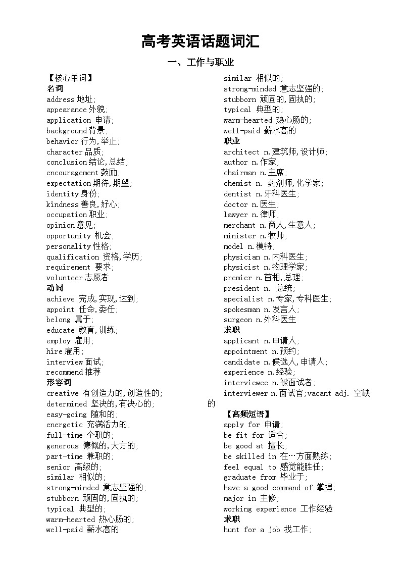 高中英语2025届高考话题词汇分类汇总（工作与职业+兴趣爱好）第1页