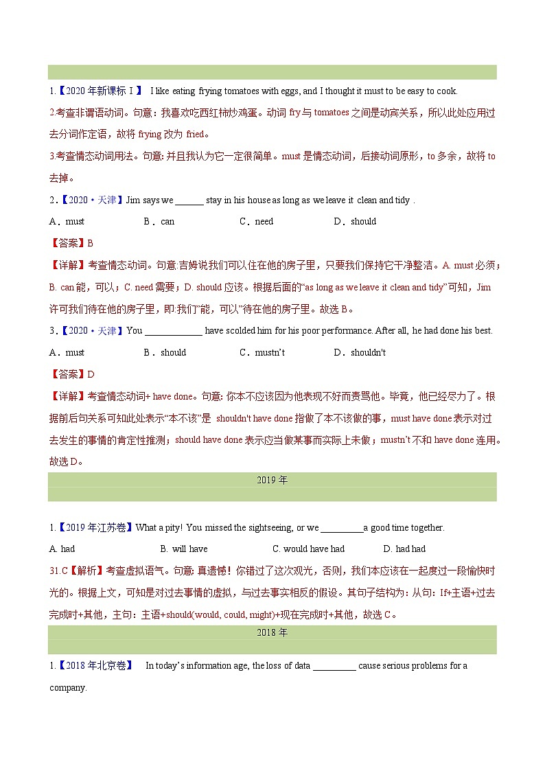 专题 07 情态动词和虚拟语气--十年（2015-2024）高考真题英语分项汇编（全国通用）02