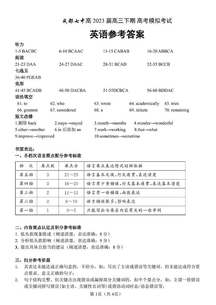 四川省成都七中2022～2023学年度下期高2023届模拟考试 英语答案第1页
