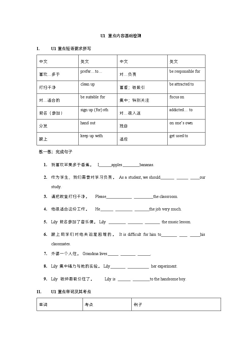 人教版2024高中英语必修一U1teenagerlife重点单词背诵自测清单01