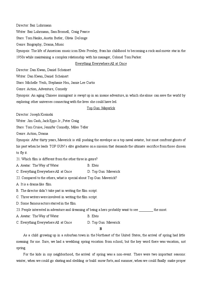 安徽省马鞍山中加双语学校+2022-2023+学年高二下学期英语期中考试试题03