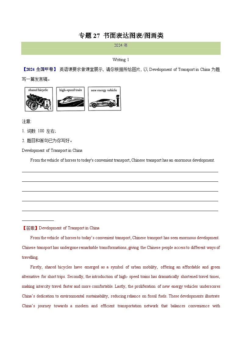 专题 27 书面表达图表和图画类（教师卷） --十年（2015-2024）高考真题英语分项汇编（全国通用）第1页
