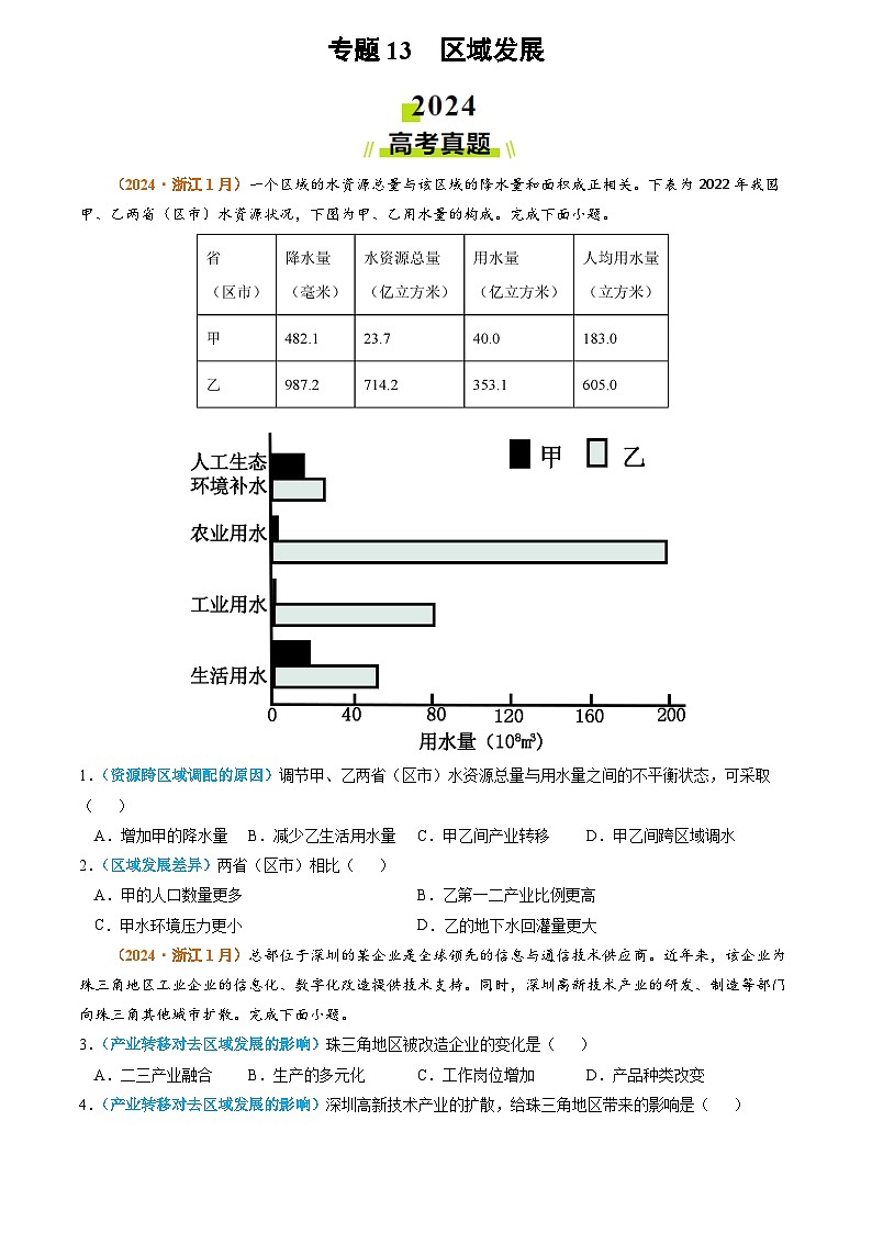 专题13 区域发展2024年高考真题和模拟题地理分类汇编（学生版）第1页