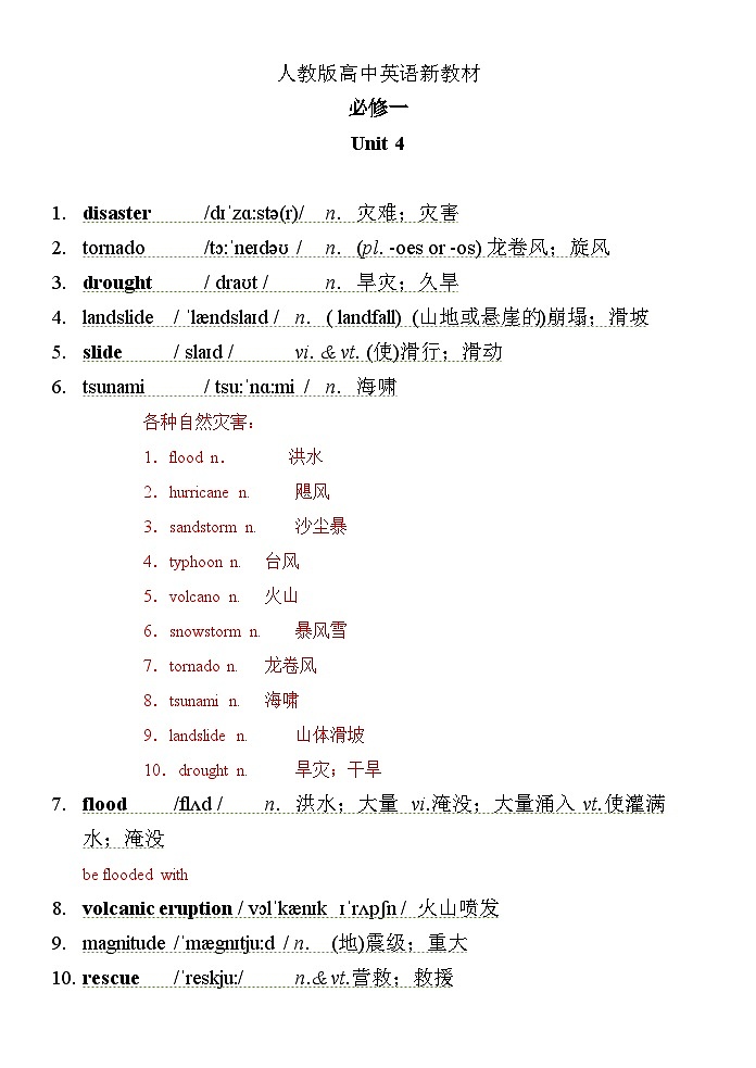人教版 2024 高中英语 必修一 Unit 4 natural disasters 单词 words and expressions 讲与练 练习01