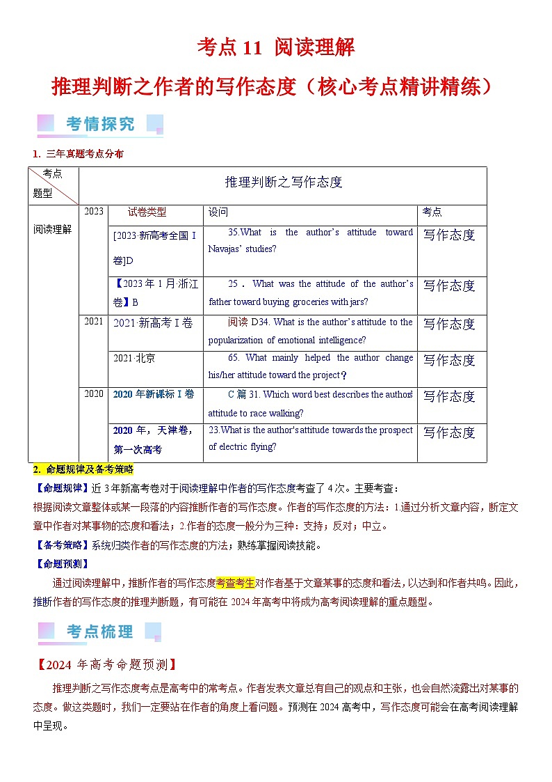 考点11 阅读理解推理判断之作者的写作态度 （教师版）第1页
