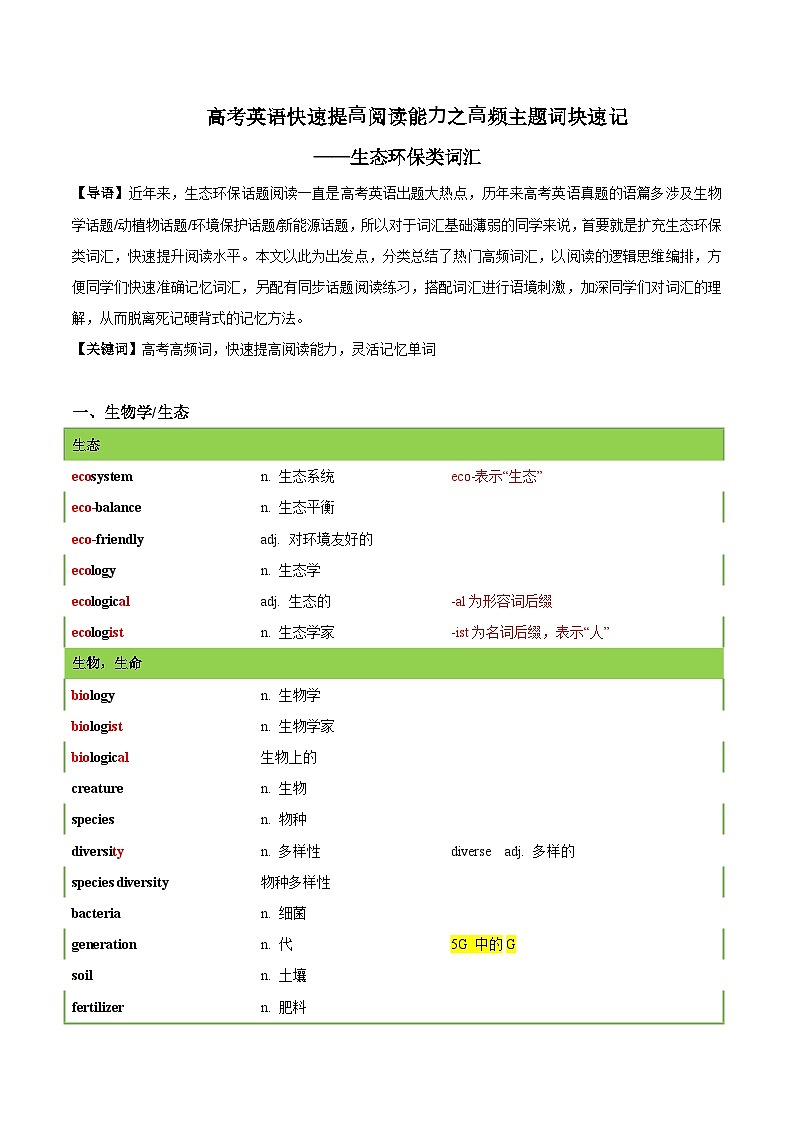 课件 专题01 生态环保类词汇-2025年高考英语快速提⾼阅读能⼒之⾼频主题词块速记第1页