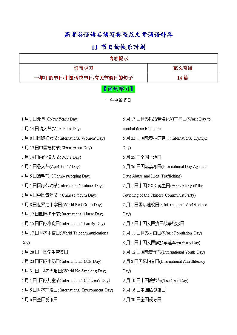 课件主题11_节日的快乐时刻-高考英语读后续写典型范文背诵语料库01