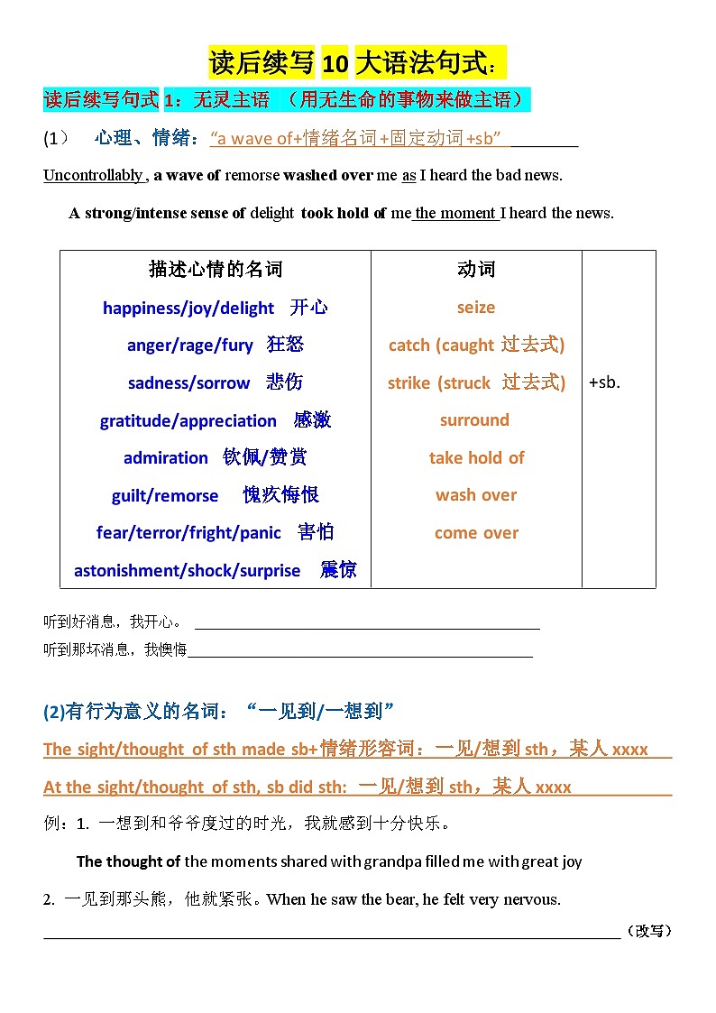 专题2 读后续写课堂讲义 十大高级语法句式学案（无答案）第1页