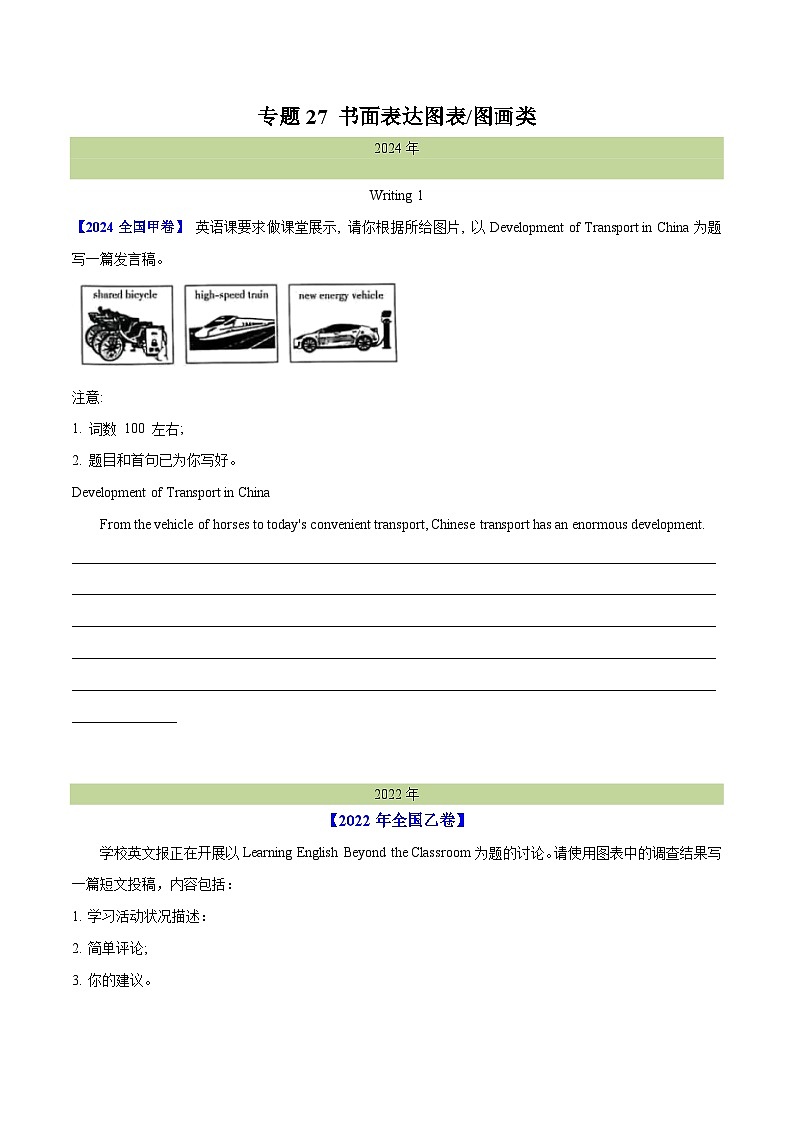 近十年（2015-2024）高考英语真题分项汇编专题27书面表达图表和图画类（Word版附解析）01