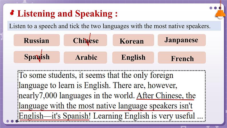 【人教版】英语必修一 Unit 5 Languages Around the World Listening and Speaking 课件07