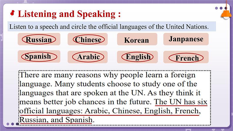 【人教版】英语必修一 Unit 5 Languages Around the World Listening and Speaking 课件08