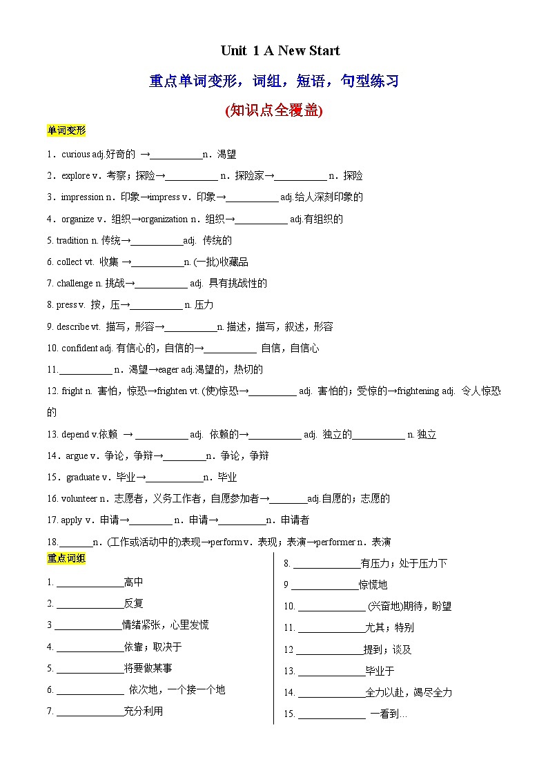 Unit 1 重点单词变形，词组，短语，句型练习-2024-2025学年高一英语必修第一册单元重难点易错题精练（外研版2019）01