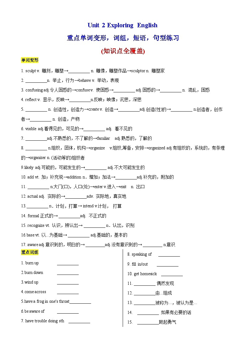 Unit 2 重点单词变形，词组，短语，句型练习-2024-2025学年高一英语必修第一册单元重难点易错题精练（外研版2019）01