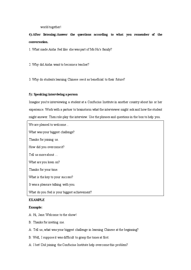 Unit 2 Bridging cultures Period 4 Using langauge（1）Listening 学案 -高中英语人教版选修二02