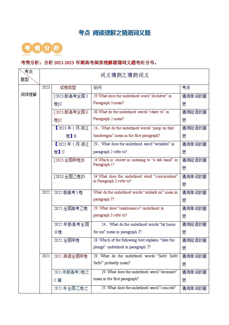 新高考英语二轮复习讲练测专题04  阅读理解之猜测词义题（讲义）（2份打包，原卷版+解析版）02