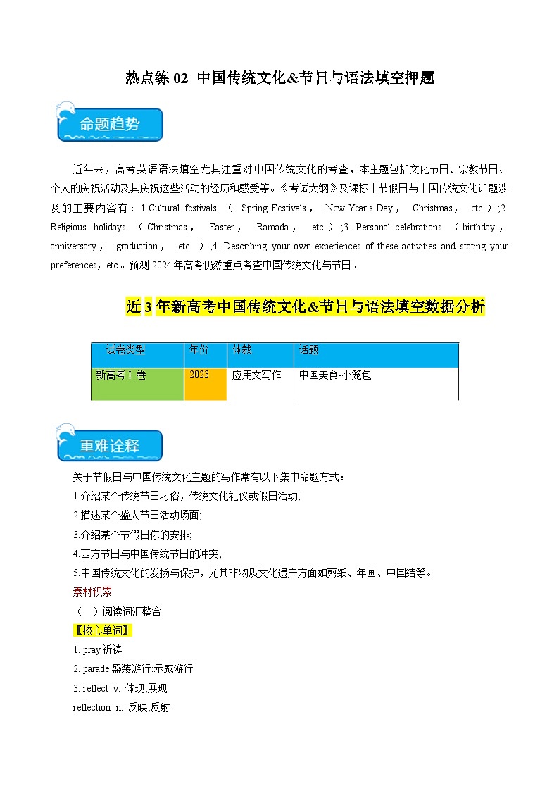 新高考英语三轮冲刺重难点练习热点02 中国传统文化&节日与语法填空押题（解析版）第1页