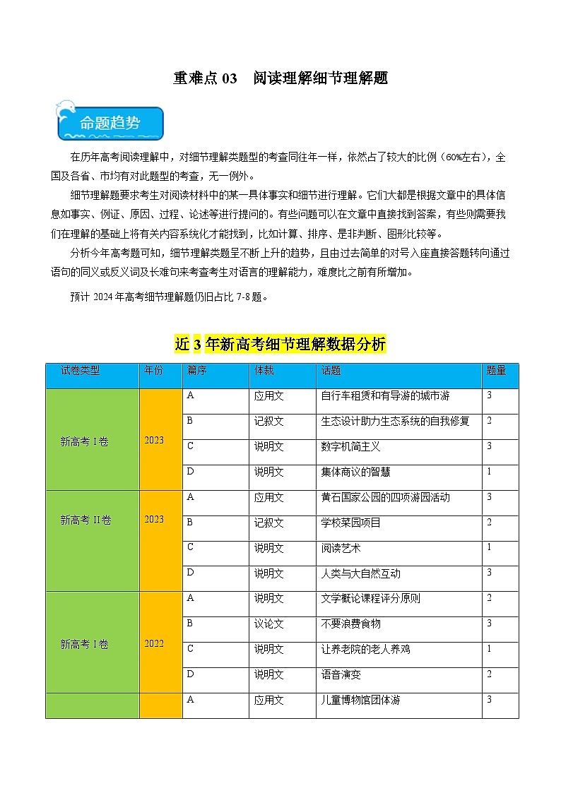 新高考英语三轮冲刺重难点练习重难点03 阅读理解细节理解题（2份打包，原卷版+解析版）01