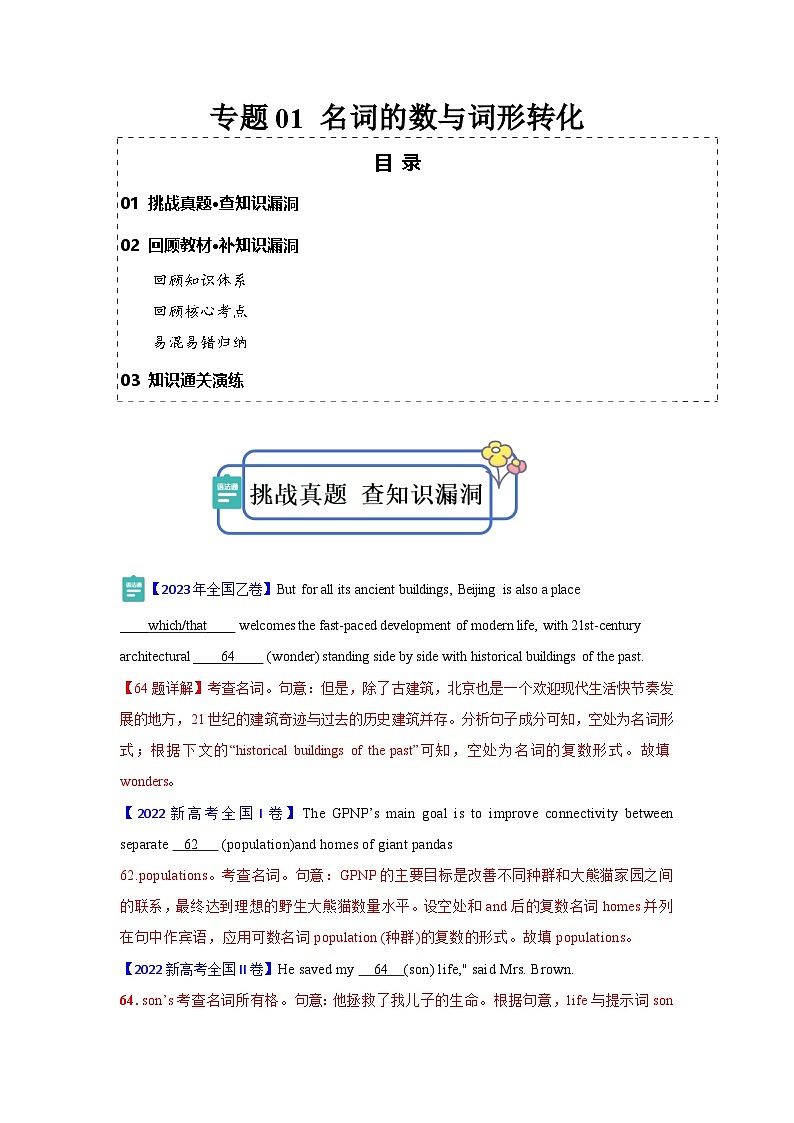 新高考英语三轮冲刺查缺补漏专题01 名词的数与词形转化（2份打包，原卷版+解析版）01