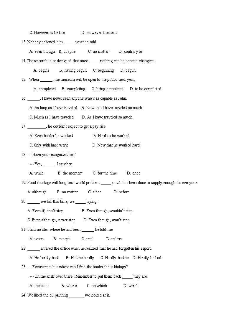 高考英语语法词汇专项突破：09状语从句专项巩固训练+答案+解析02