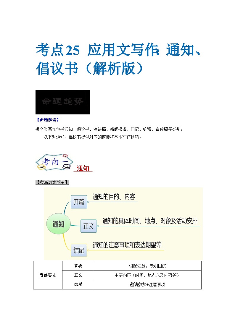 新高考英语一轮复习考点过关练考点25 应用文写作：通知、倡议书（解析版）第1页