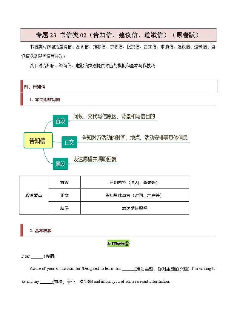 新高考英语二轮复习题型归纳与变式演练专题23 书信类02（告知信、建议信、道歉信）（原卷版）第1页