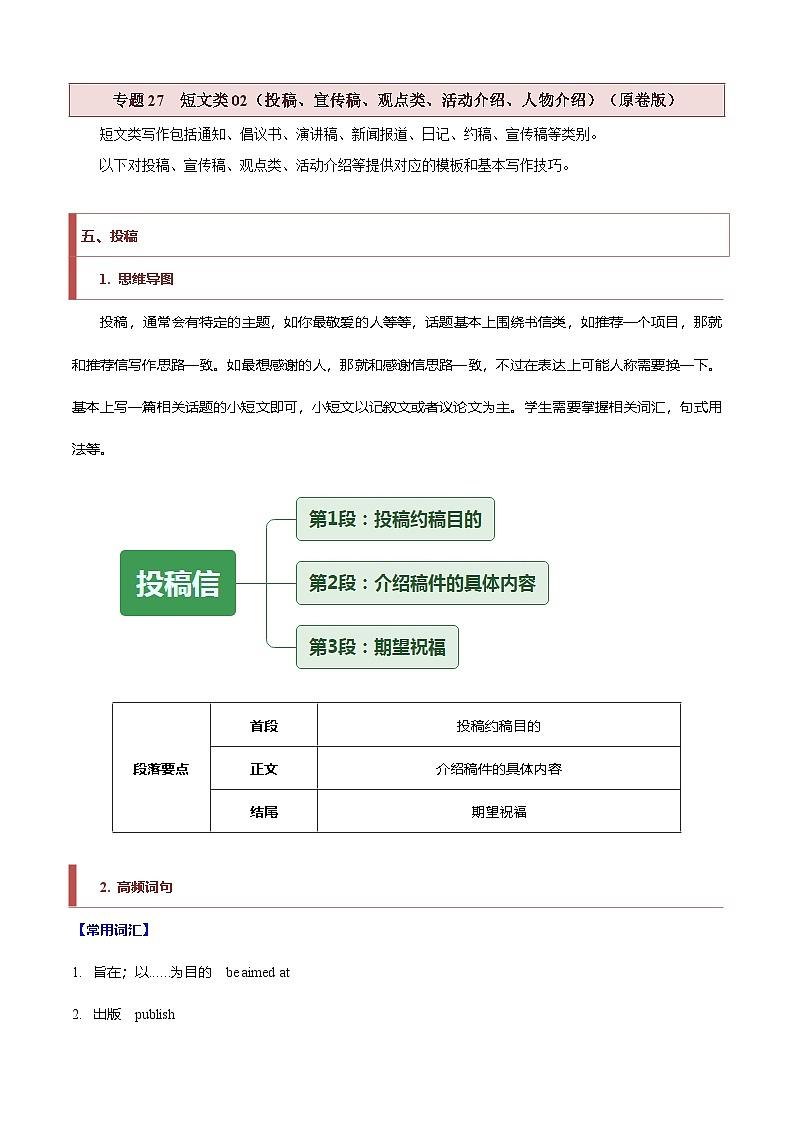 新高考英语二轮复习题型归纳与变式演练专题27 短文类02（投稿、宣传稿、观点类、活动介绍）（原卷版）第1页