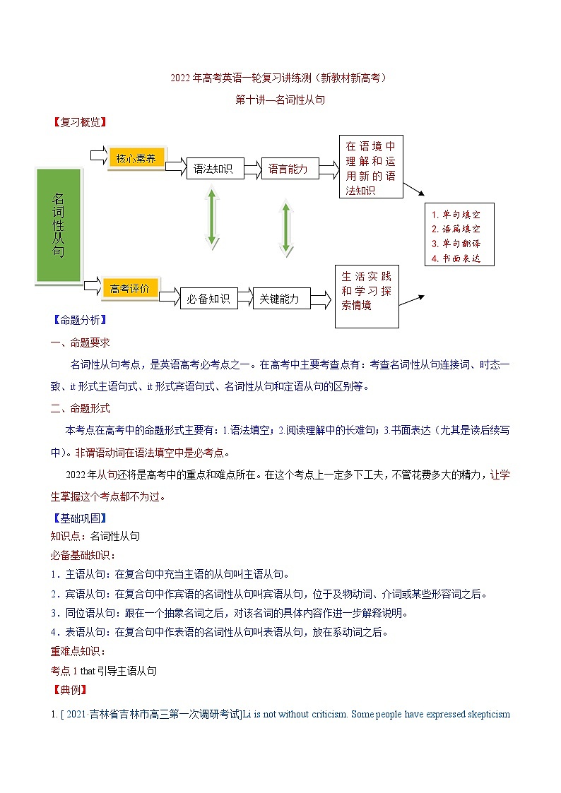 新高考英语一轮复习讲练测专题10 名词性从句  第10讲 -名词性从句（讲）（2份打包，原卷版+教师版）01